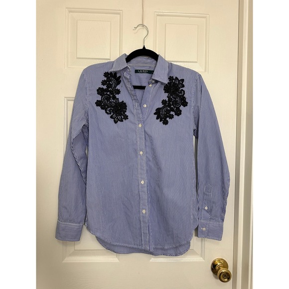 Lauren Ralph Lauren Tops - Lauren Ralph Lauren Blue White Striped Lace Applique Button Down Shirt Small